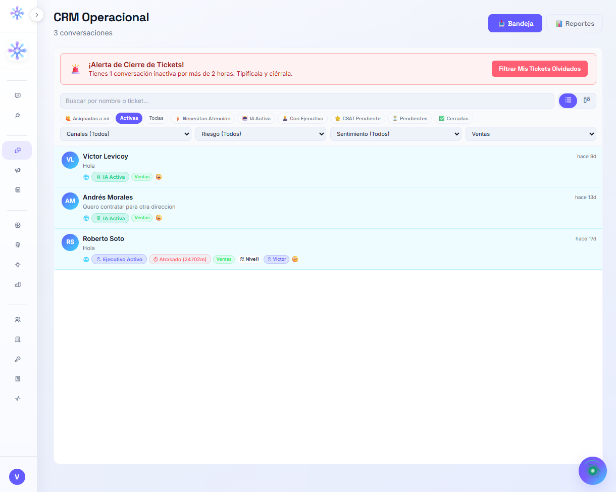 Lista de conversaciones centralizadas dentro de Kuden IA