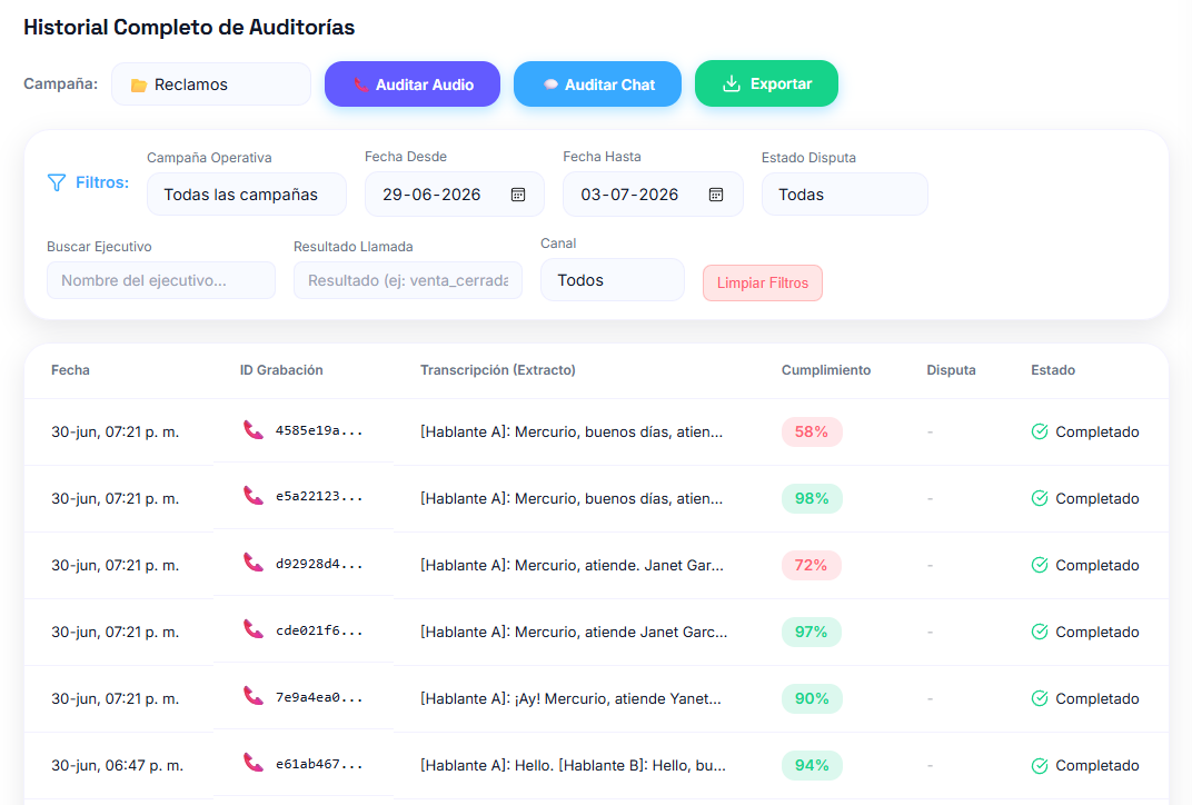 Historial centralizado de auditorías procesadas en Kuden QA