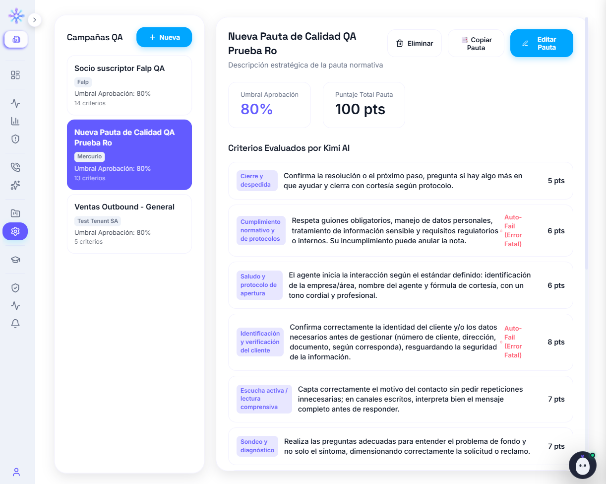 Configuración de pautas de calidad en Kuden QA