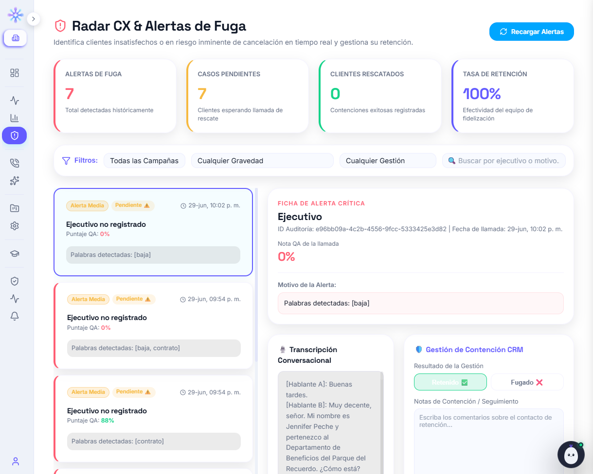 Radar CX con alertas críticas y transcripción asociada
