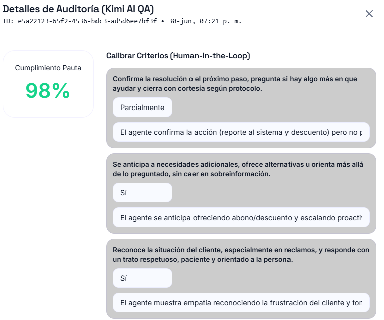 Revisión de resultados que activa una ruta correctiva en Kuden Academy